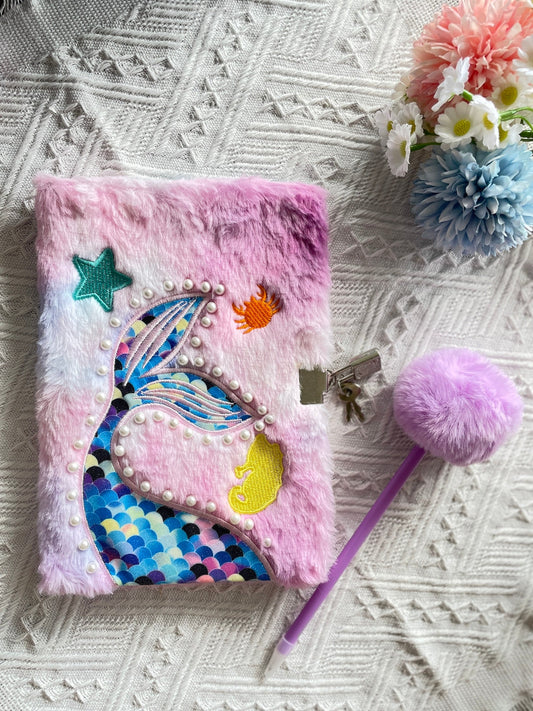 Soft purple plush mermaid notebook with lock and pom-pom ballpoint pen for girls